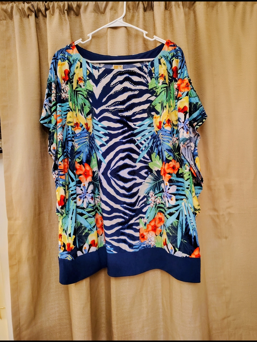 JM Collection Navy Tropical Floral & Zebra Print Top